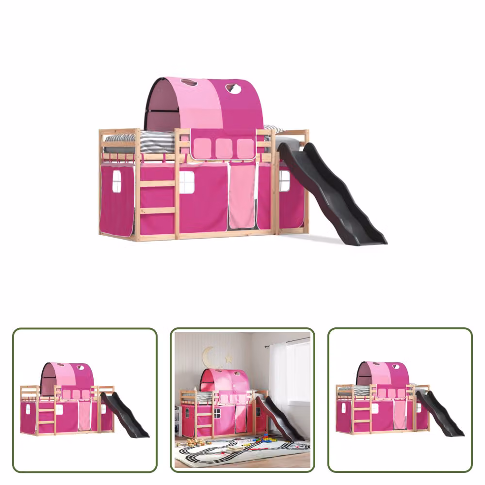 The Living Store Letto a castello con scivolo e tende Rosa 80x200 cm