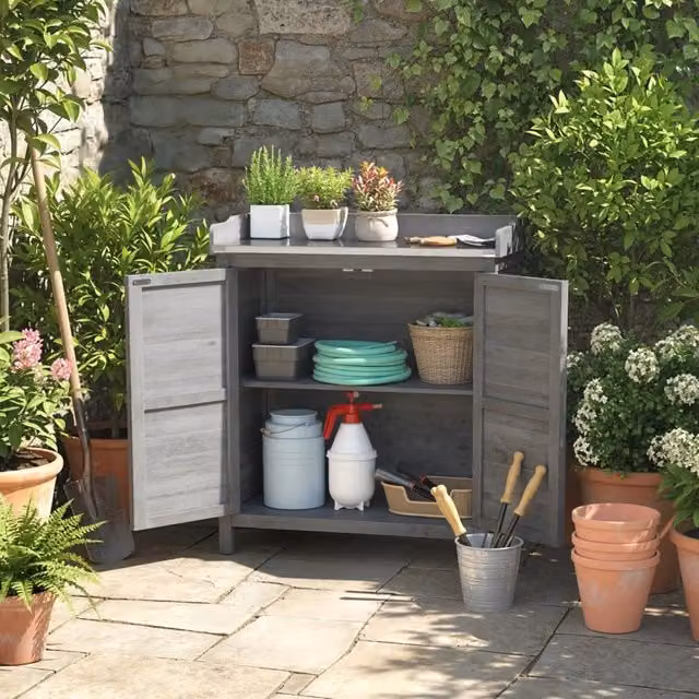 Mobile contenitore da giardino con piano zincato, 2 vani e 2 ante, in legno massello, per terrazzo e giardino, grigio