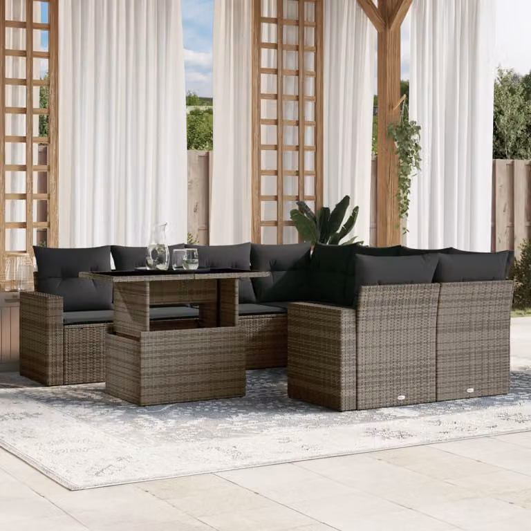 vidaXL Set Divano da Giardino 9 pz a L in Polyrattan Grigio con Cuscini e Tavolino