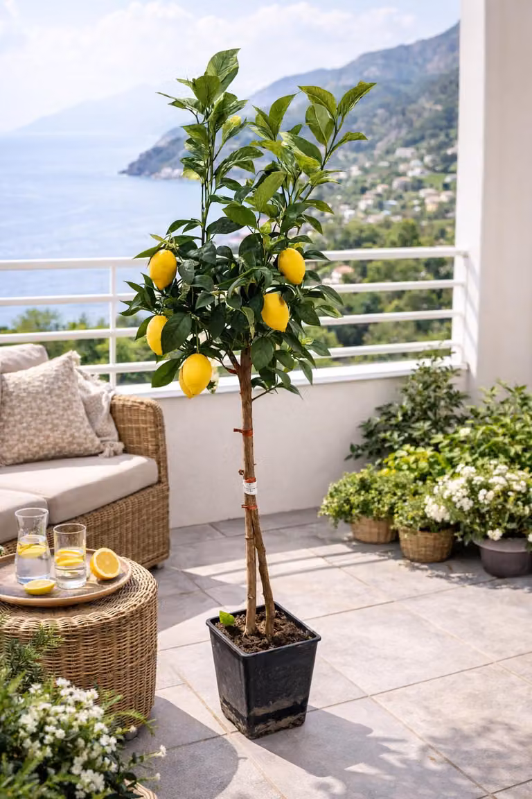 Amalfitano Albero di limoni 120-140 cm in vaso – Citrus Limon autentico, albero di limoni mediterraneo per terrazze, balconi e giardini d'inverno