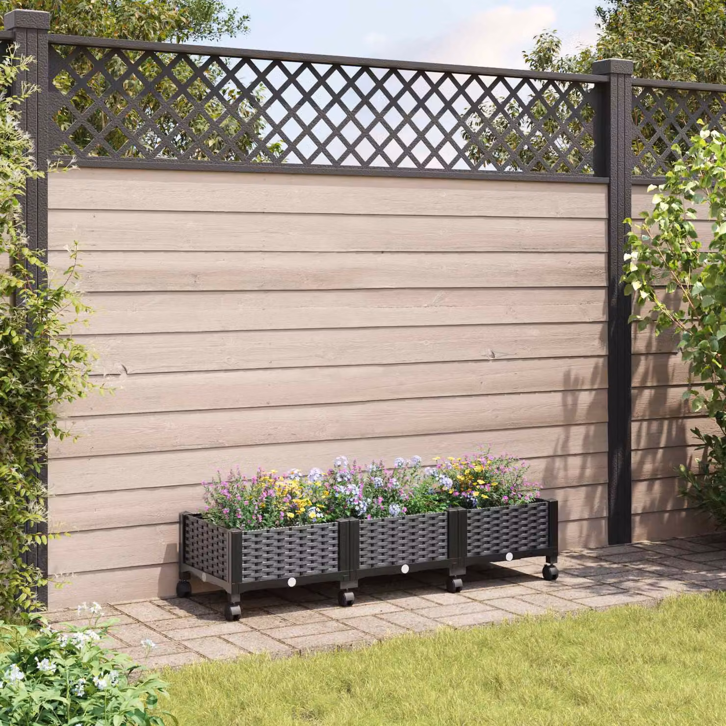 Vaso da giardino con ruote vidaXL in plastica nero L: 120 cm, P: 40 cm, H: 29 cm