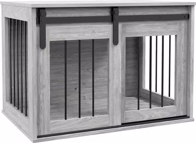 Gabbia per cani e animali da interno Aosom con porta scorrevole in metallo effetto legno, Grigio, L: 80 cm, P: 57 cm, H: 54 cm