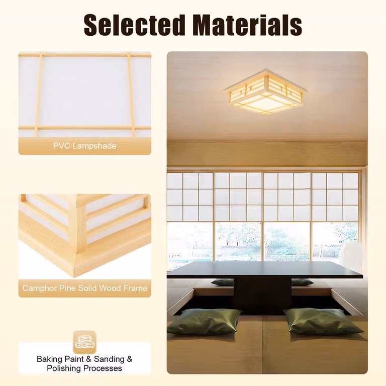 Plafoniera quadrata - 24W, luce LED calda - struttura in legno - design giapponese - 45x45 cm, lampada da camera da letto