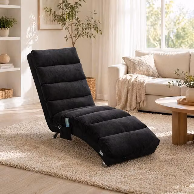Chaise longue massaggiante ULEVR 55x148x84 cm con vibrazione delicata e tasca laterale, rivestimento in lino nero