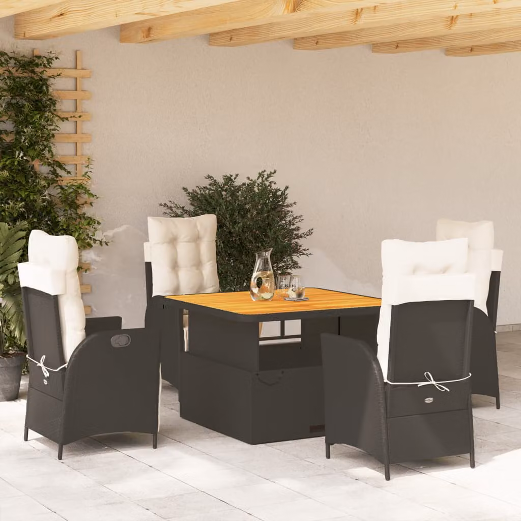 vidaXL Set da Pranzo da Giardino 5 pz in Polyrattan e Legno di Acacia Nero e Marrone con Cuscini – 1