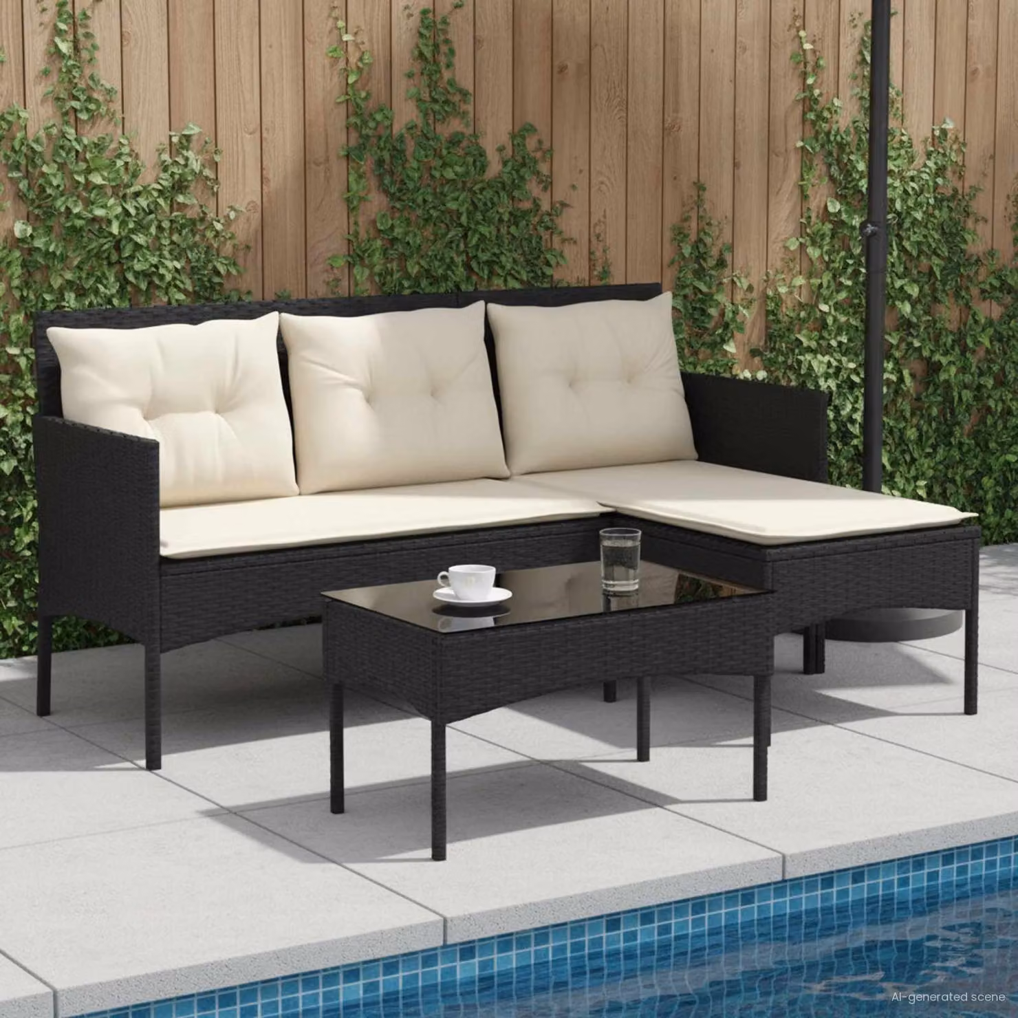 Set Divano da Giardino a L vidaXL con Tavolino e Cuscini, Colore Nero e Beige, Struttura in Metallo e Polyrattan