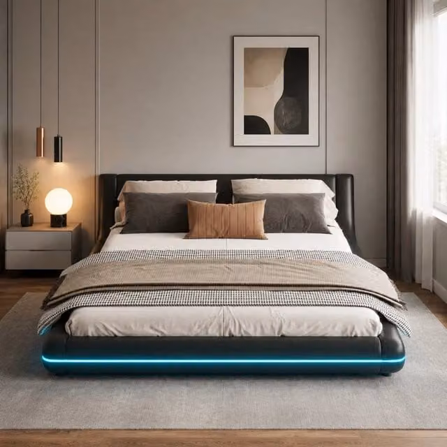 Letto a pavimento 160×200 cm in PU nero con LED RGB controllabili via app