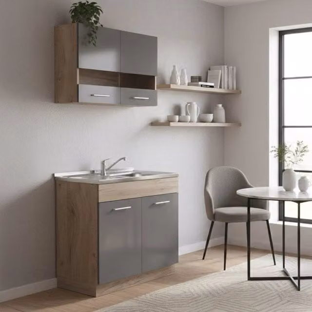Cucinino Taurano DMORA, Mobile Cucina Moderno con Ante a Battente, Colore Antracite e Marrone, H 207 cm x L 52 cm x P 40 cm