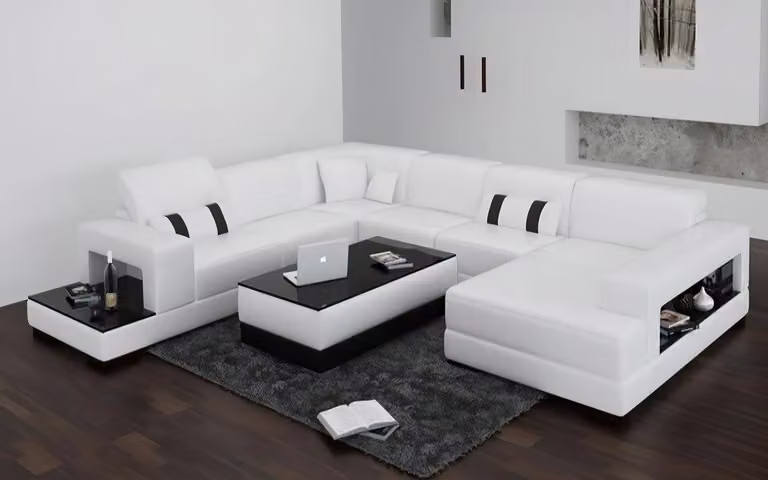 Ecksofa Sofa Couch Polster Wohnlandschaft Leder Eck Sofas Garnitur U-Form Weiß