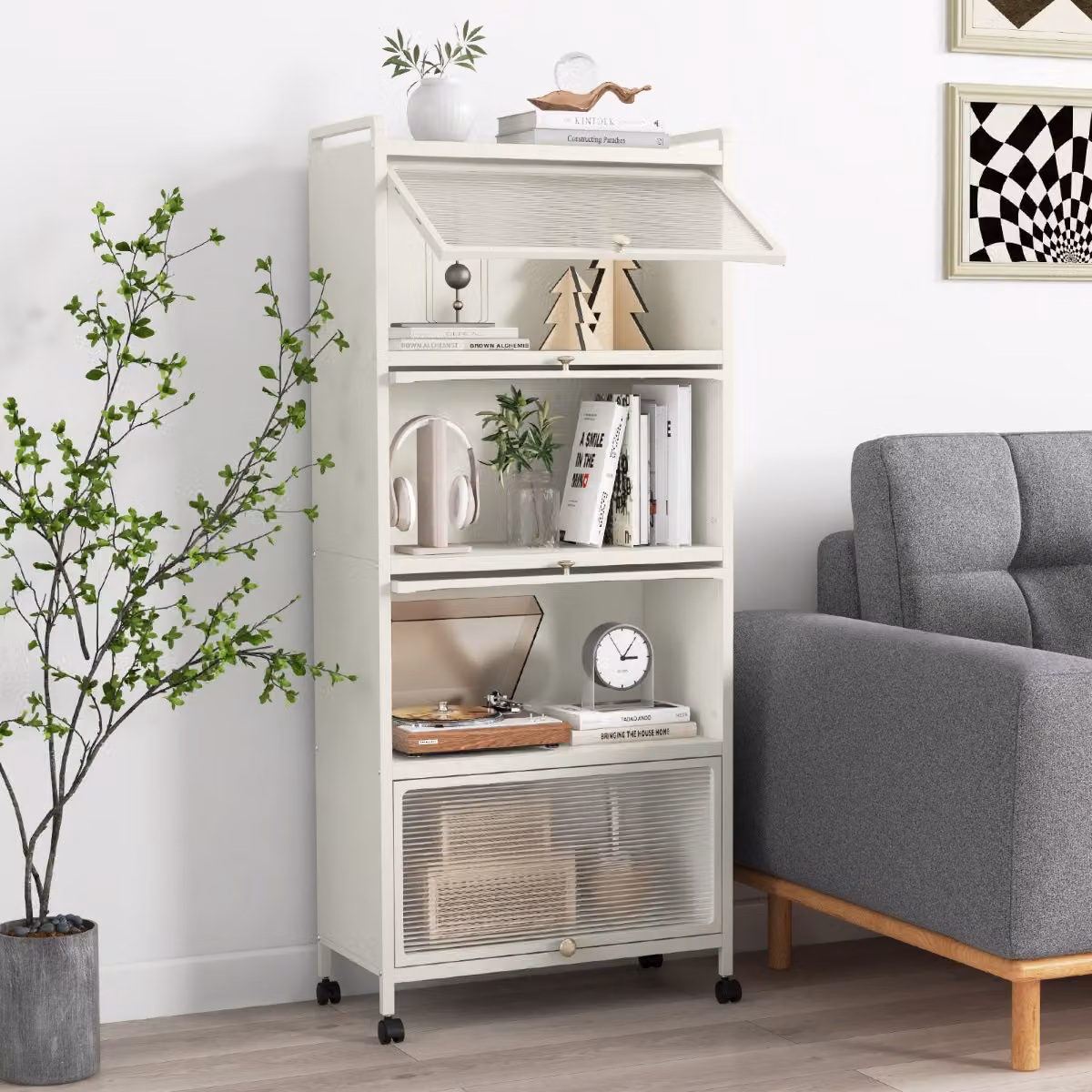 Armadio da cucina autoportante Costway con ante a rullo e ruote girevoli, Bianco, L: 60 cm, P: 32 cm, H: 154 cm