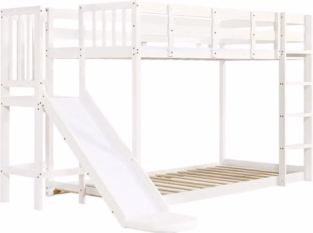 Letto a castello in legno con scivolo, scala e protezioni, 90x200 cm, bianco