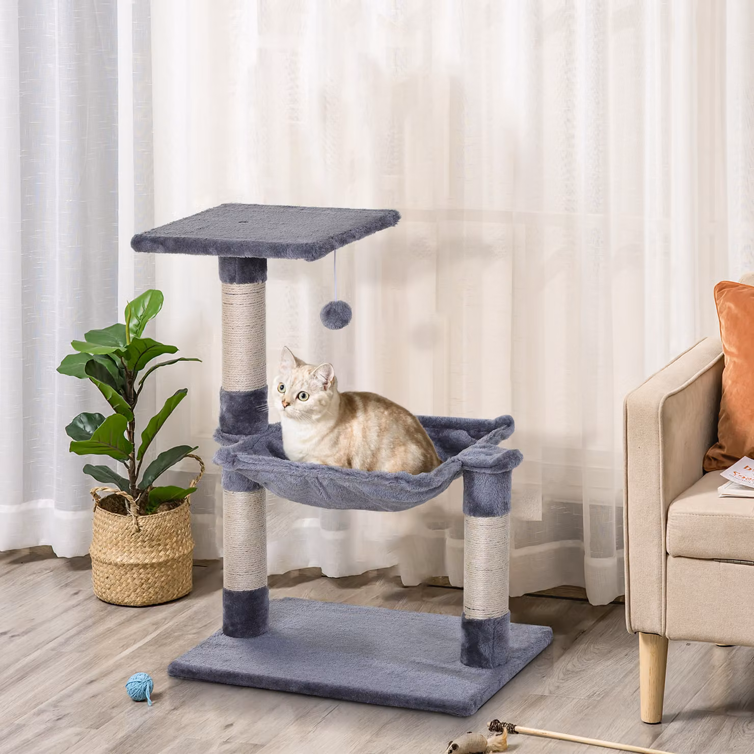 Tiragraffi per gatti multilivello PawHut con amaca, in legno e peluche, Grigio, L 36 x P 36 x H 70 cm – 2
