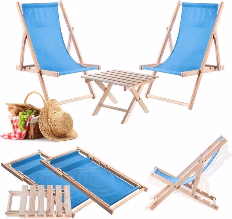 KADAX set di tavolino naturale per sdraio + 2 sdraio in legno blu