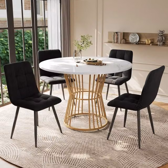 Set tavolo da pranzo rotondo 100 cm, piano MDF bianco e gambe metallo oro, con 4 sedie in velluto nero, 5 pezzi