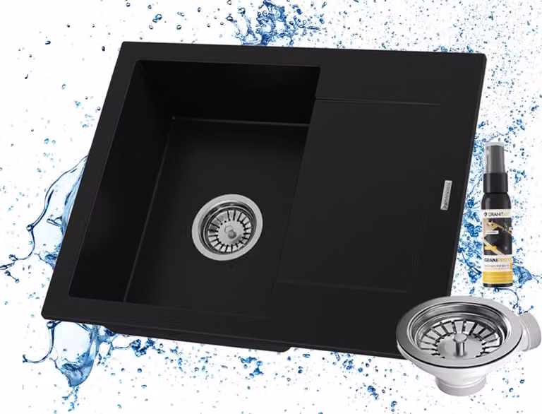Granitan - Lavello in granito - Lavello da cucina - Lavello 57x47 cm - Nero - con sifone e scolapiatti - BELLO