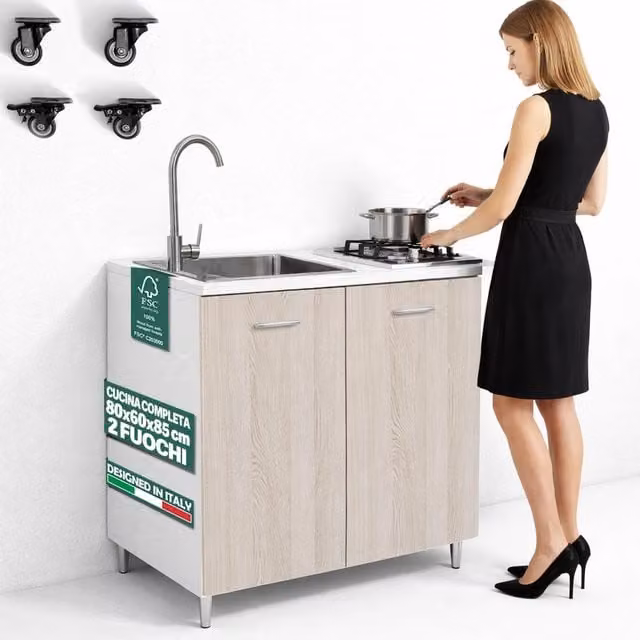 Cucina Completa 80x60cm Olmo Piano Cottura 2 Fuochi Lavello con Rubinetteria