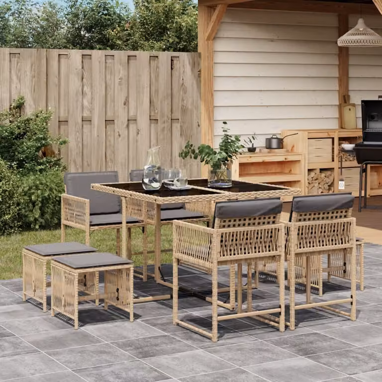 Maison Exclusive - Set Pranzo da Giardino 9 pz con Cuscini Beige Misto Polyrattan