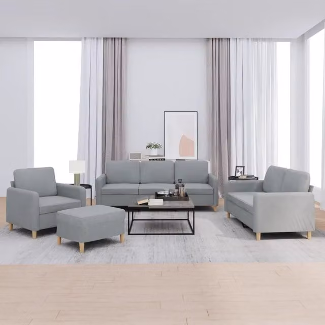 Set di divani vidaXL 4 pezzi in tessuto grigio con pouf e cuscini per soggiorno in stile moderno