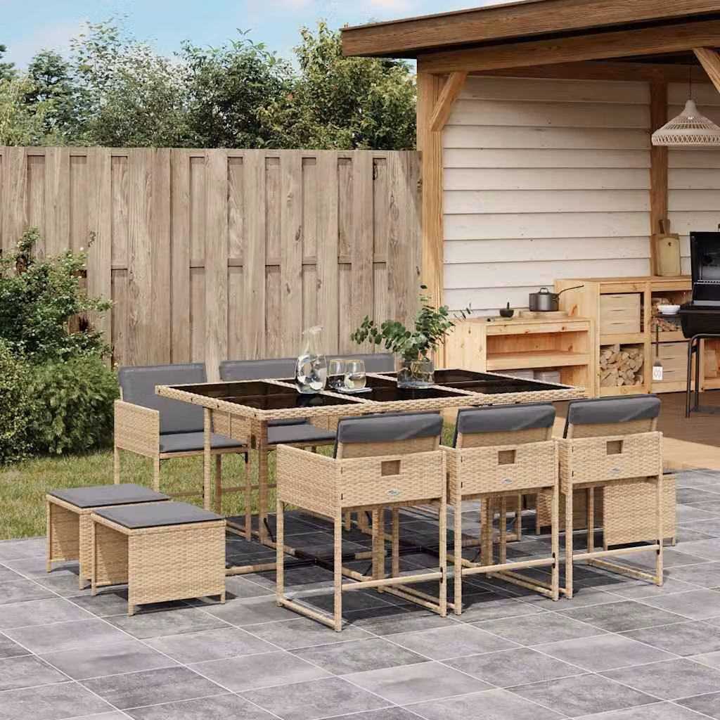 Set Pranzo da Giardino vidaXL 11 pz in Polyrattan con Cuscini Beige e Tavolo in Vetro – 1