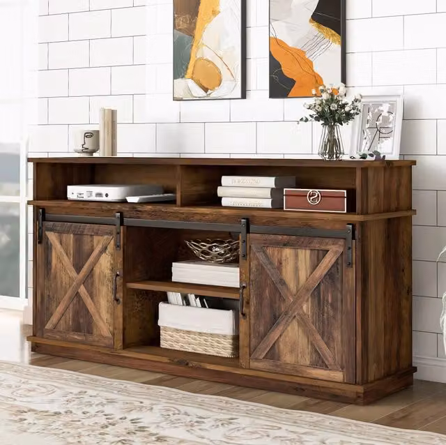 Mobile TV MODFU in legno stile farmhouse con ante scorrevoli, marrone, L: 148 cm, P: 40 cm, H: 78 cm