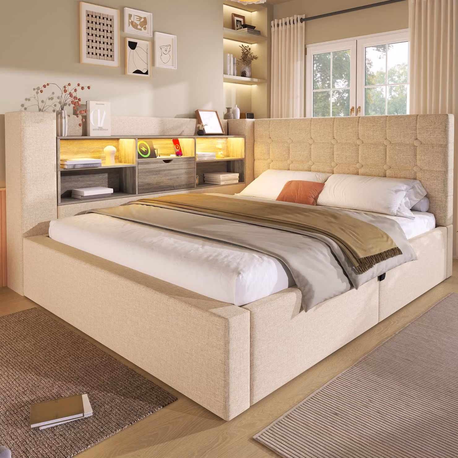 okwish Divano letto a L 140x200 con illuminazione a LED e vani portaoggetti aperti sulla parete posteriore, letto per ragazzi letto matrimoniale con rete, beige (senza materasso)