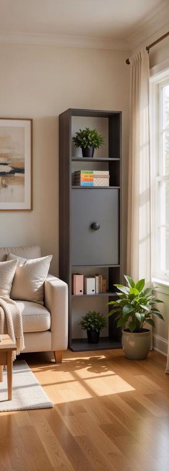 Libreria moderna in legno e metallo, color grigio, con ripiano aperto