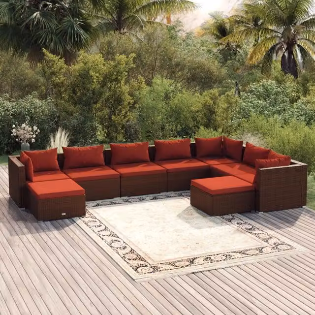 Set di Divani da Giardino vidaXL a Forma di U composto da 9 Pezzi con Cuscini in Polyrattan Marrone e Rosso