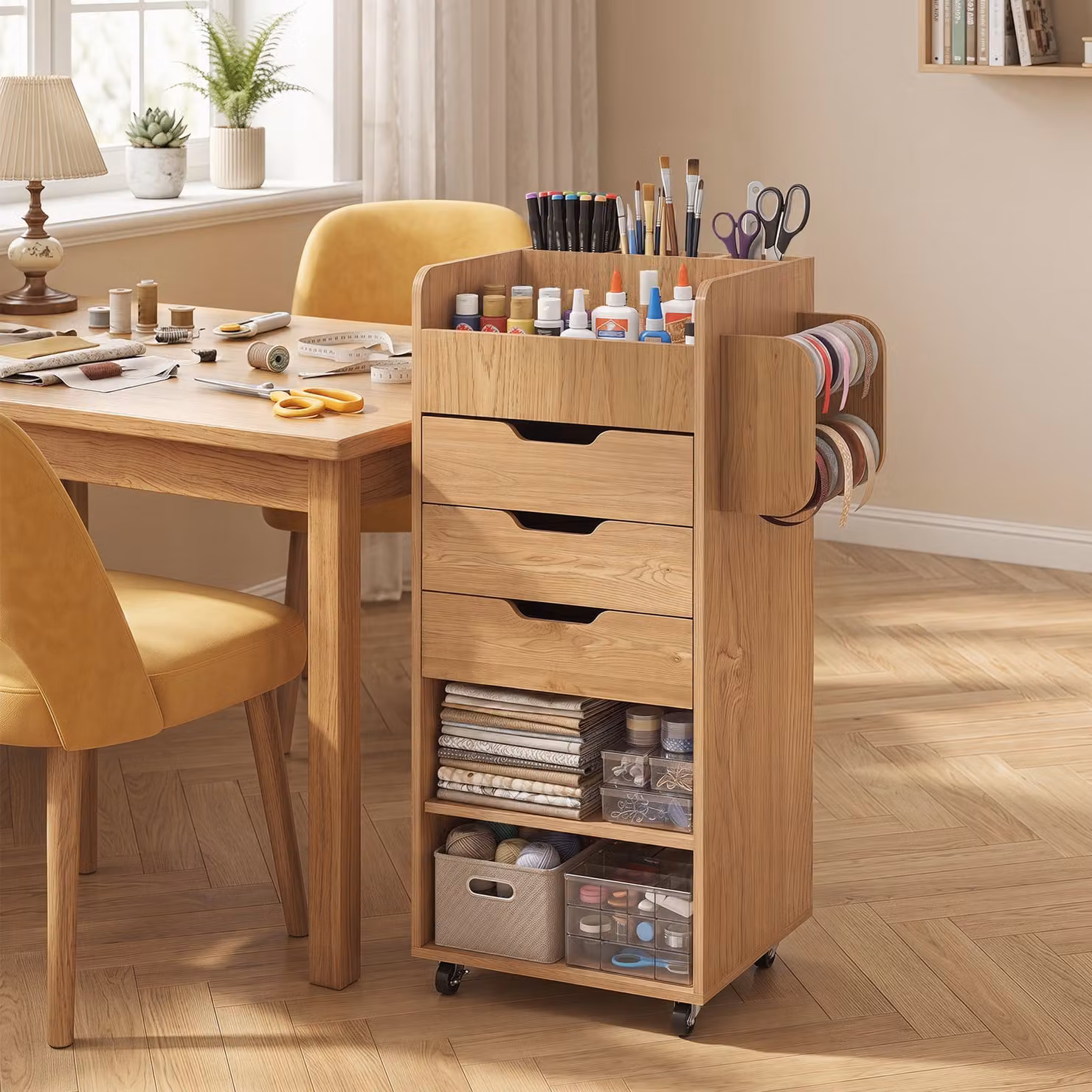 Carrello in legno Costway con ruote e 3 cassetti, 3 mensole e 2 perni, colore marrone naturale