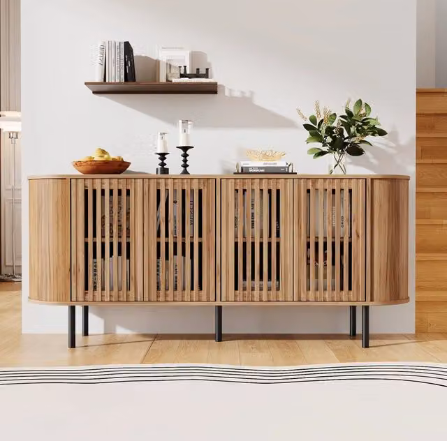 Sideboard moderno 160x40x70 cm in MDF effetto legno naturale con 4 ante scorrevoli perforate