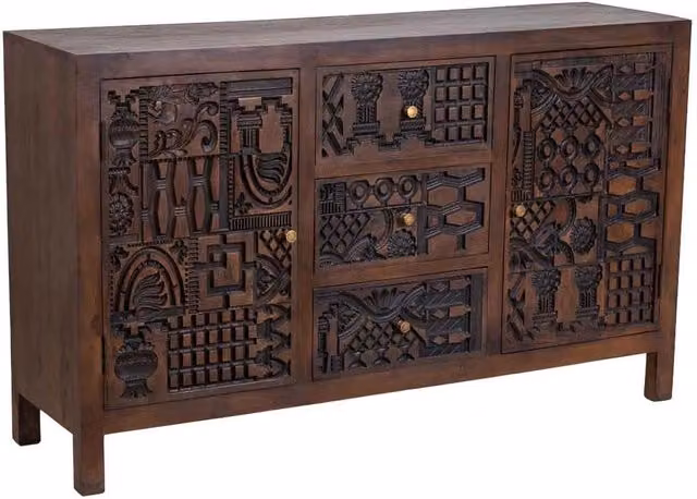 Credenza in legno di mango intagliata a mano Wanderlust Deco colore marrone e oro L: 150 cm, P: 40 cm, H: 90 cm – 1