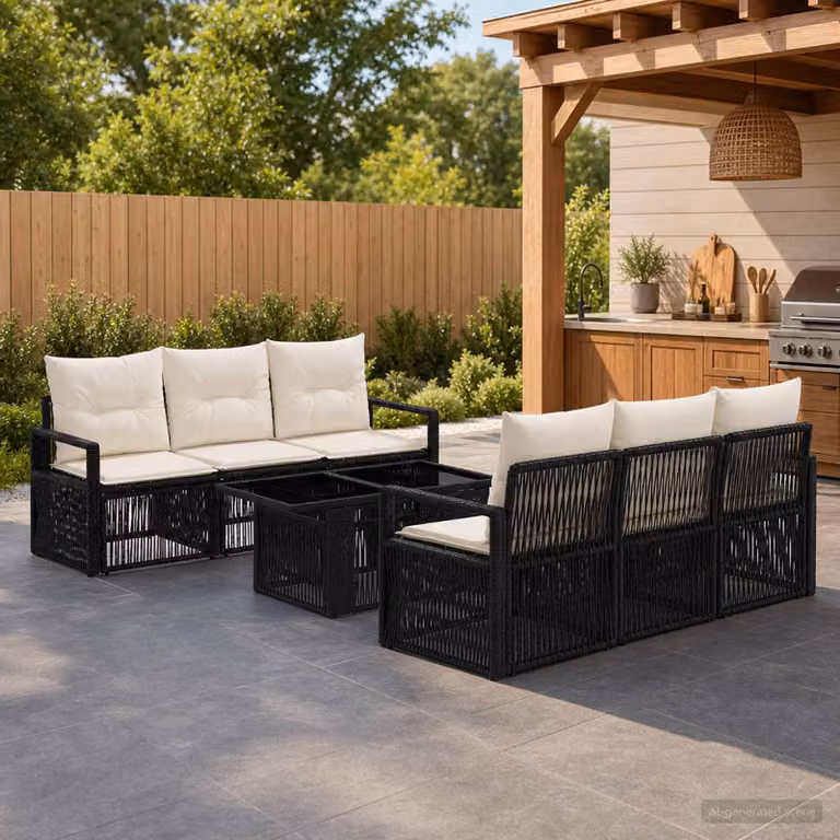 Set Divano da Giardino vidaXL 7 Pezzi a Forma di U in Polyrattan Nero e Bianco Crema con Cuscini e Tavolino