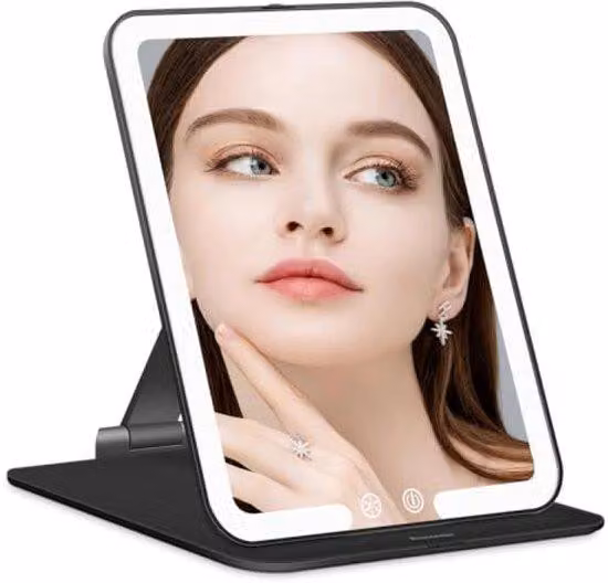 Specchio da trucco a LED, ricaricabile, pieghevole, nero, compatto