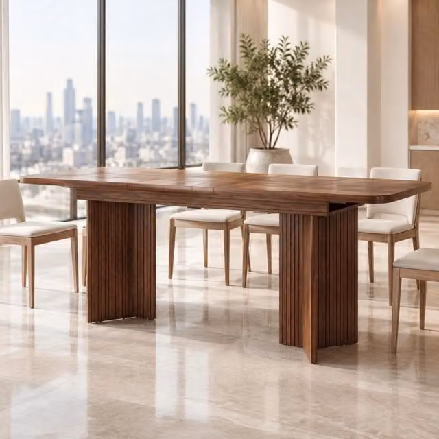 Tavolo da pranzo allungabile 120-160x80 cm in MDF marrone con gambe a V scanalate