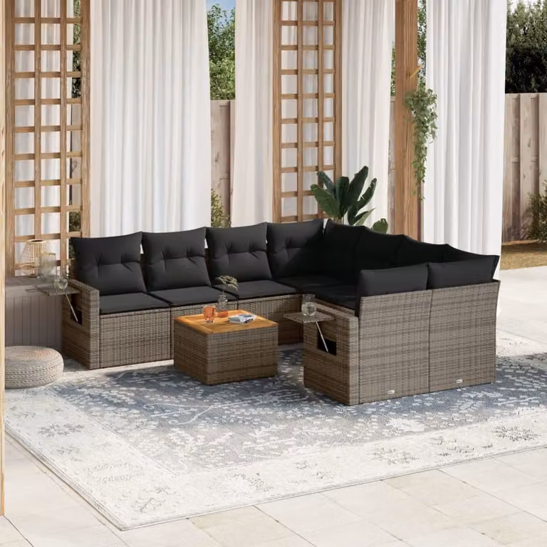 vidaXL Set Divano da Giardino a L 9 pz in Polyrattan Grigio con Cuscini e Tavolino