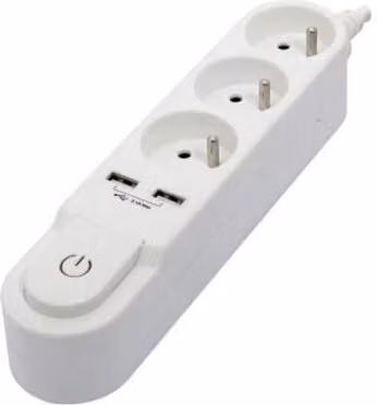 Multipresa con interruttore, 3 prese da 16 A, 2 porte USB da 2 A, cavo da 1,5 m, bianco