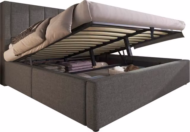 Letto matrimoniale 140x190 cm con contenitore idraulico; ricarica USB e tessuto in lino grigio