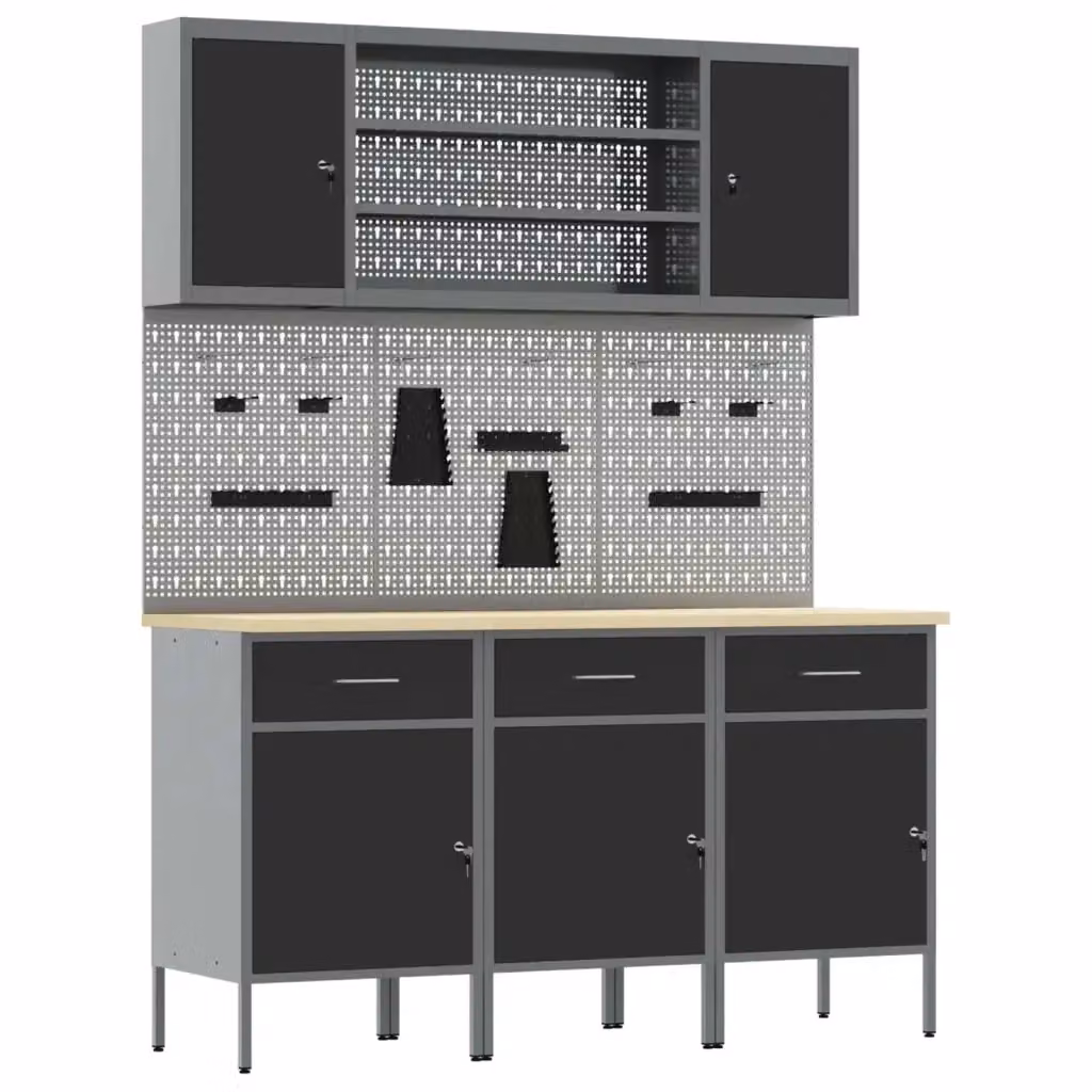 Set da lavoro vidaXL composto da 7 pezzi in legno ingegnerizzato e acciaio, colore nero – 2