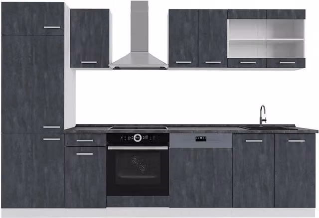 Cucina componibile moderna R-Line Vicco, colore Calce nera/Bianco con piano Antracite, L: 300 cm, P: 60 cm, H: 206,8 cm – 1