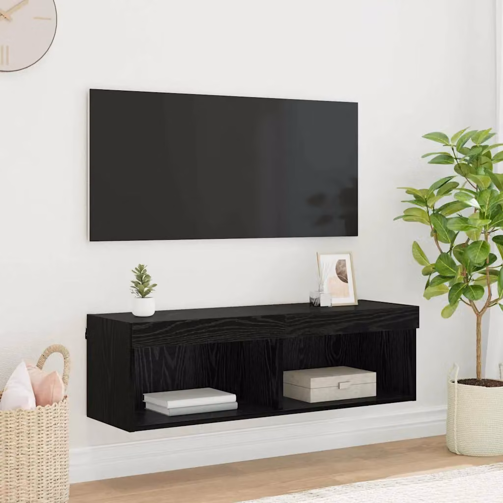 Mobile TV da parete vidaXL moderno in legno nero con illuminazione integrata L 100 cm, P 30 cm, H 30 cm