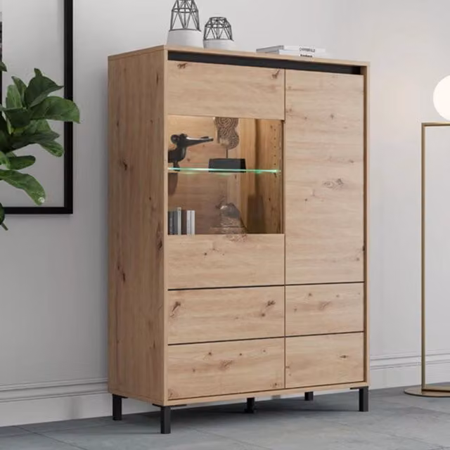Madia Vignate DMORA, Credenza moderna con 4 ripiani in rovere, Marrone e Nero, L: 93 cm, P: 40 cm, H: 135 cm