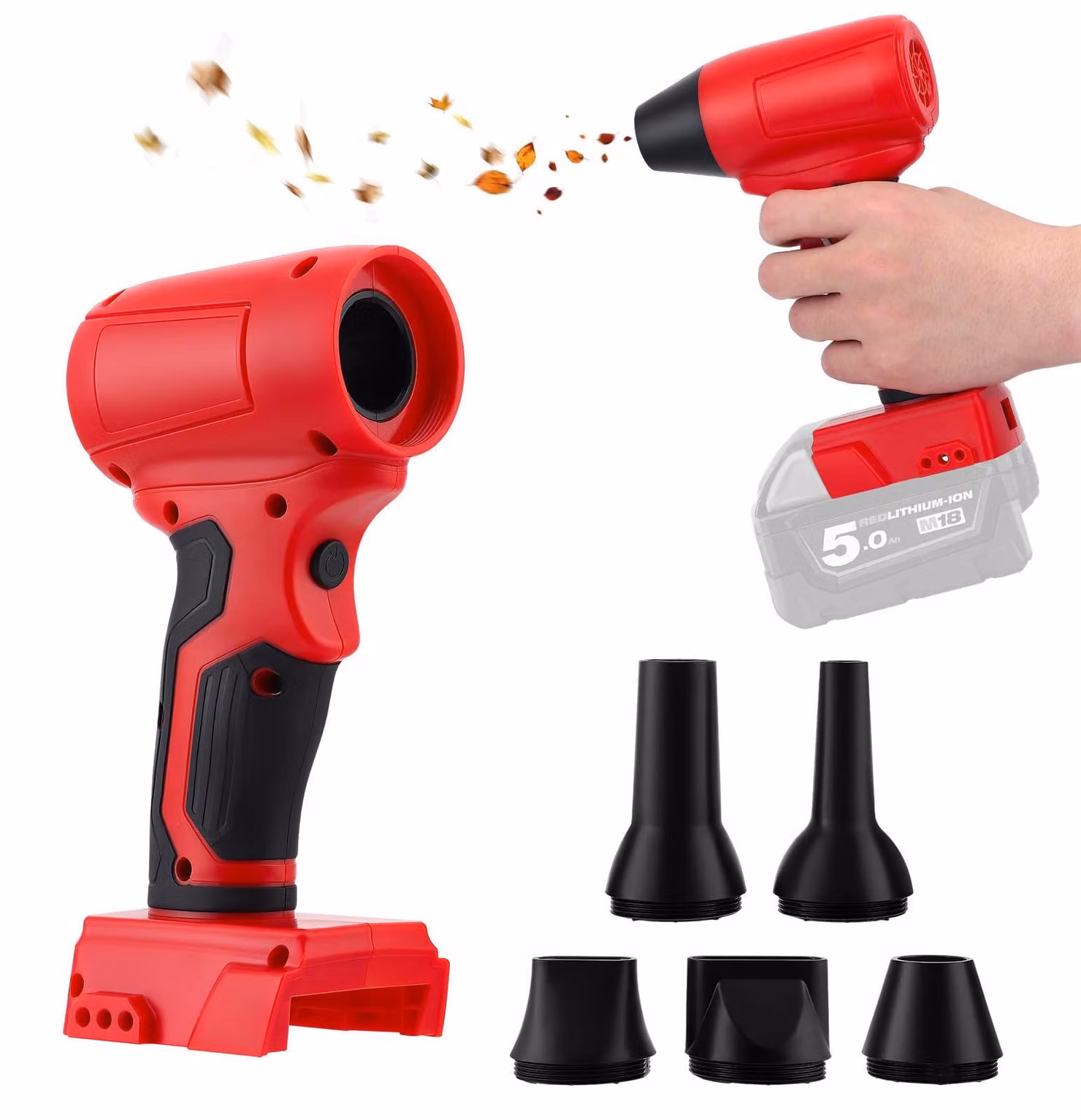 Soffiatore a batteria senza spazzole, con regolazione continua della velocità, alimentato a batteria da 18V, e dotato di 5 funzioni diverse