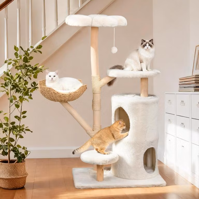 WISFOR: Albero per gatti alto 136 cm, struttura multistrato con cestino e palla giocattolo, colore beige