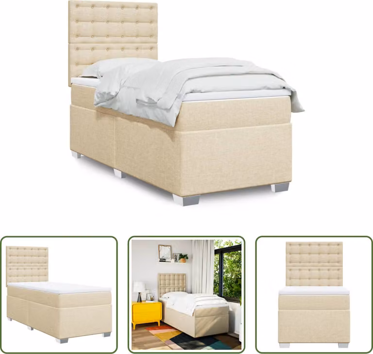 The Living Store Letto a molle con materasso crema 90x200 cm in tessuto