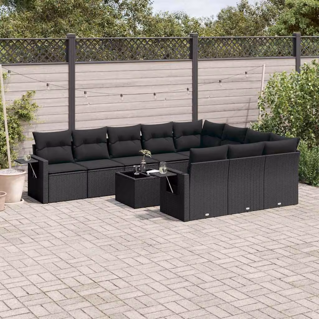 vidaXL Set Divani da Giardino 11 pz in Polyrattan Nero con Cuscini e Tavolino da Esterno – 1