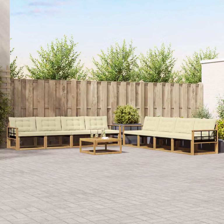 vidaXL Set di divani da esterno a forma di U composto da 9 pezzi in legno di acacia con cuscini, tavolino da caffè e tessuto textilene, colori bianco, beige e marrone