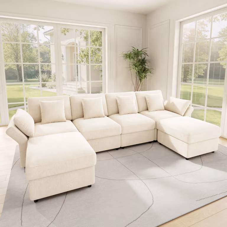 Divano angolare a 4 posti Merax a forma di U/L, divano modulare in ciniglia con 2 pouf, braccioli regolabili, 4 cuscini decorativi e 2 poggiatesta, divano, beige