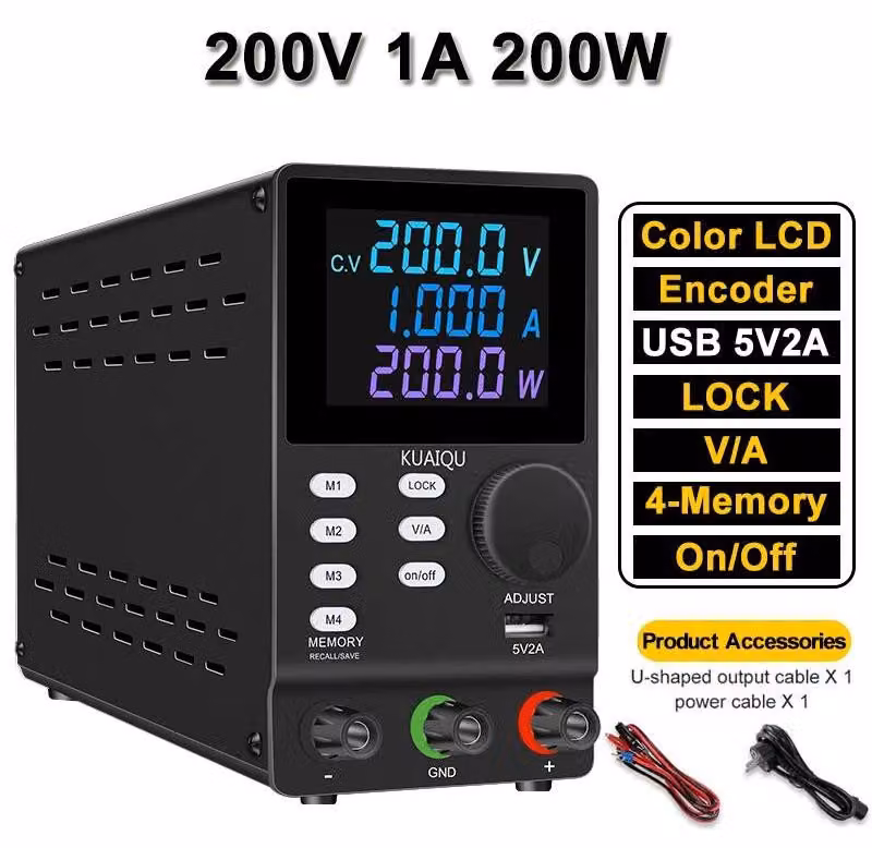 Alimentatore da laboratorio CC - SPPS2001D - 200 V, 1 A regolabile - 200 W - Display LCD - Memorie M1–M4 - Uscita ON/OFF - Spina UE da 220 V