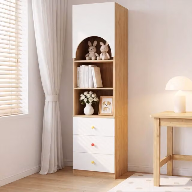 Mobile contenitore 50x50x200 cm con anta ad arco e 3 cassetti in MDF bianco e naturale
