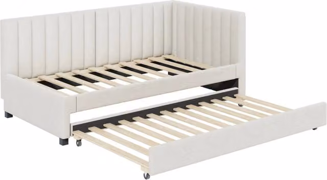 Letto imbottito 90x200 cm con divano letto estraibile, struttura in velluto beige con rete a doghe, ideale per camere giovani e ospiti