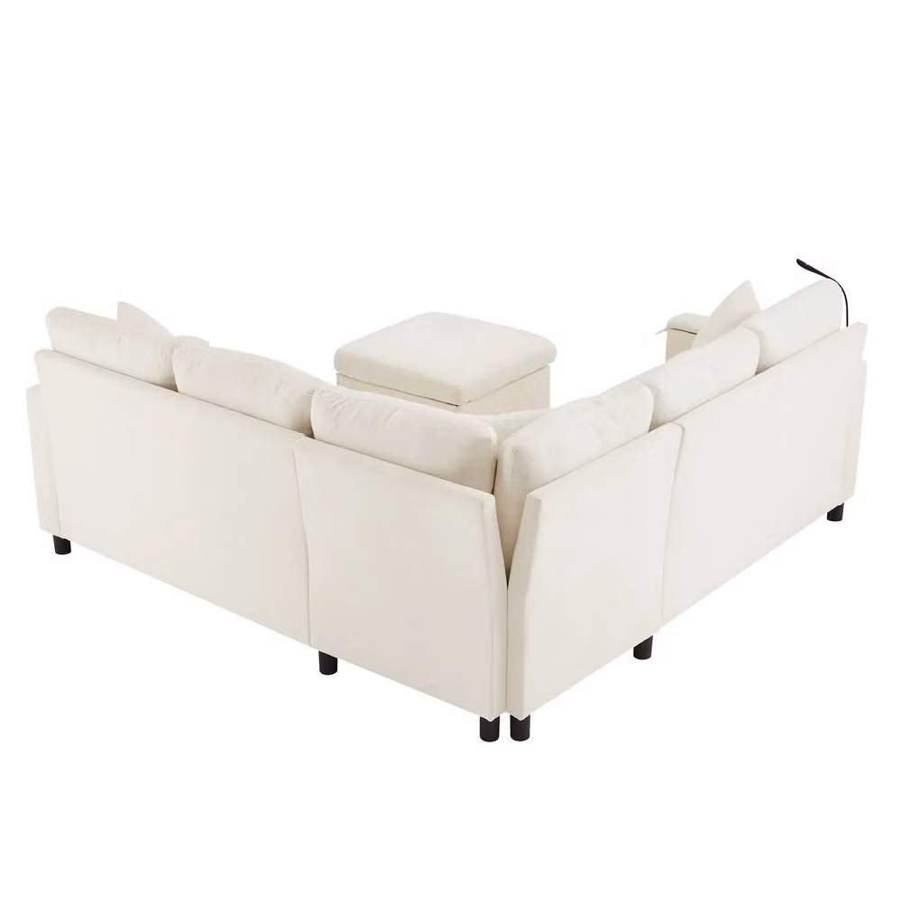 Divano letto angolare Minimal beige in ciniglia con sgabello, porta bibite e ricarica USB, L/P/H: 205 x 205 x 85 cm – 2
